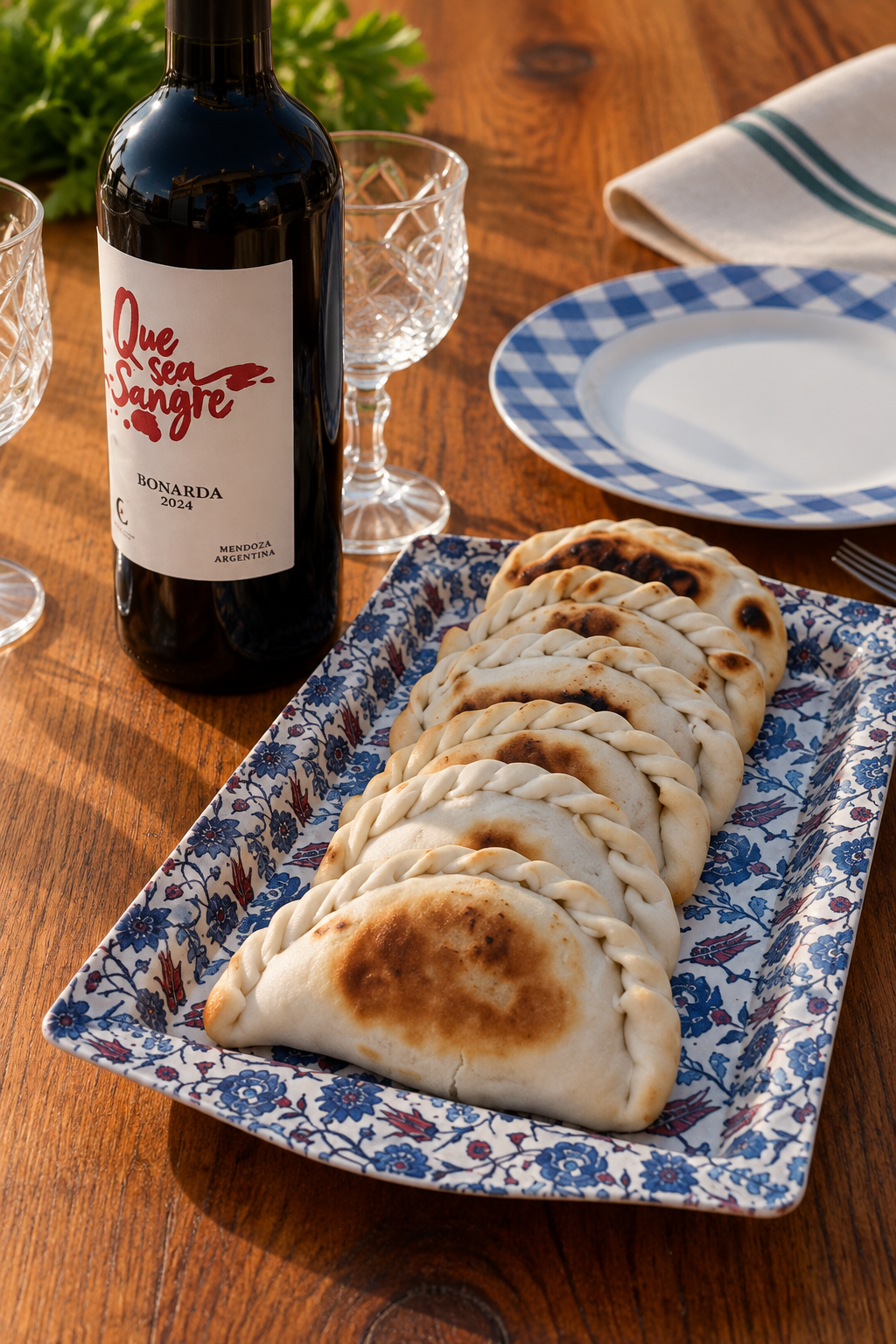 Empanadas cocidas cerradas alineadas sobre una bandeja