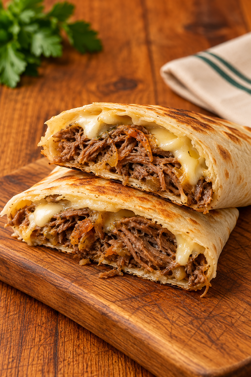 Wrap de carne cortado con relleno de carne y queso