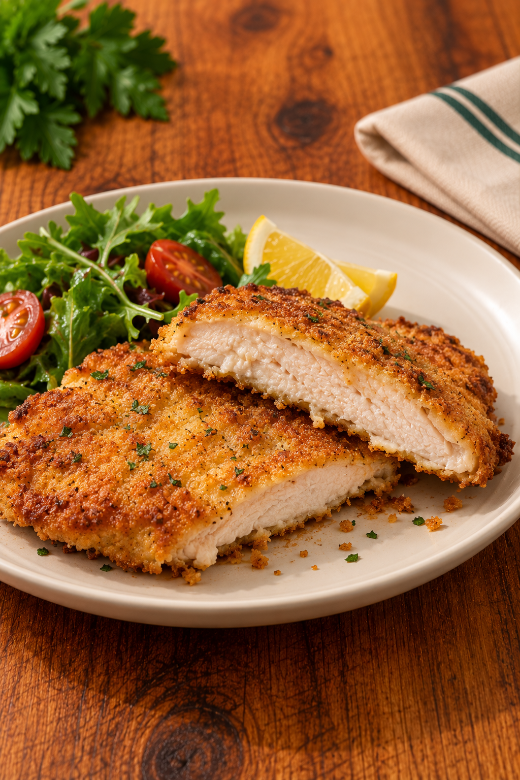 Milanesa de pollo cocida con ensalada y limón